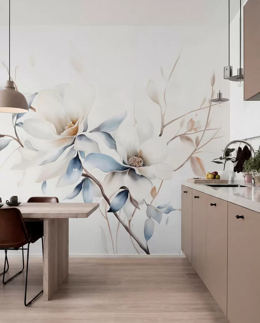wall murals Delicate white magnolia flowers with soft blue petals against a light background watercolor imitation minimalism  w08644