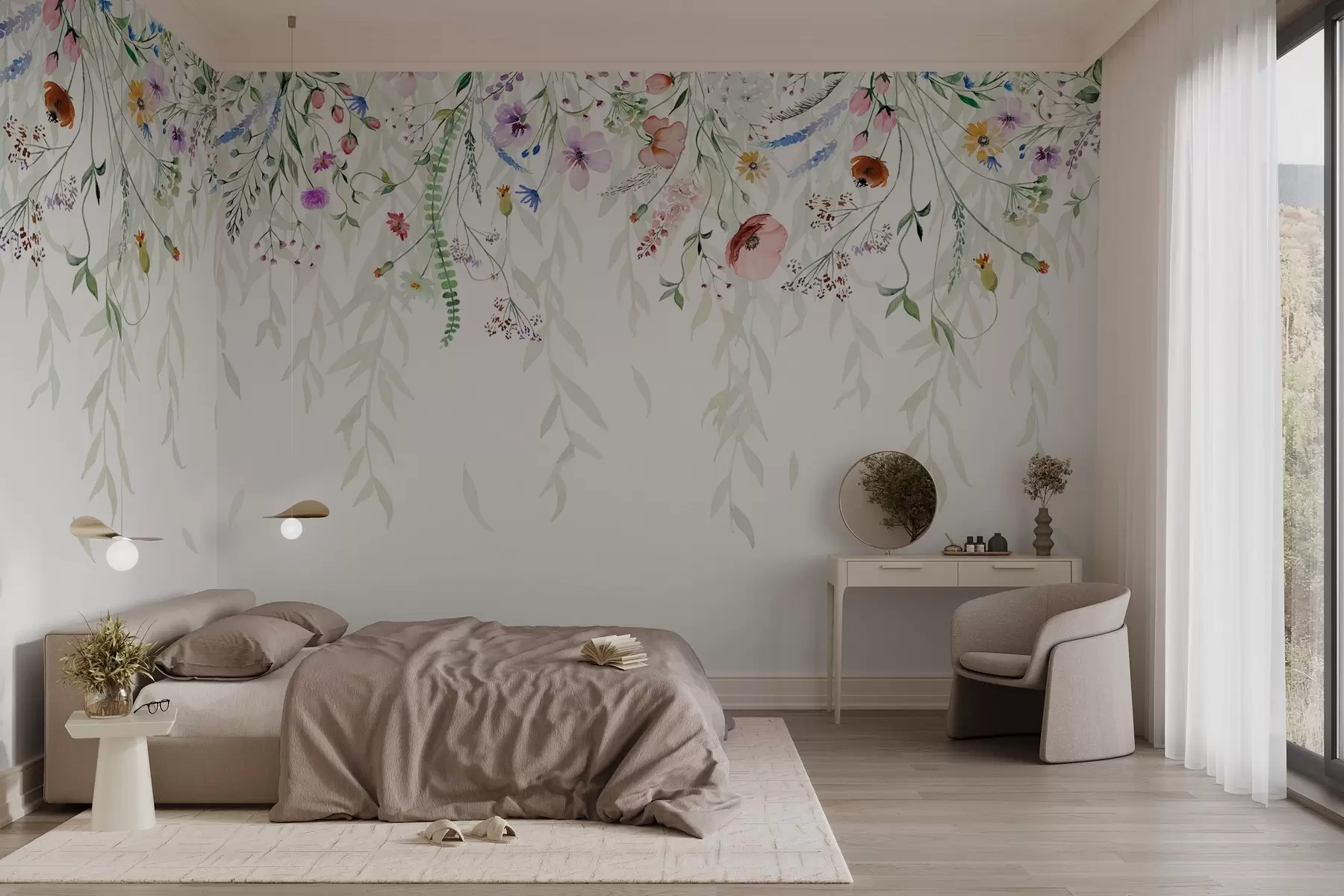 wall murals A colorful floral print cascading down with various flowers, leaves, and plants in a watercolor style   w08646