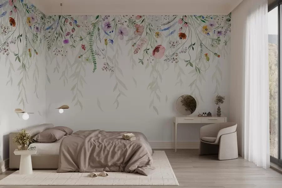 wall murals A colorful floral print cascading down with various flowers, leaves, and plants in a watercolor style   w08646