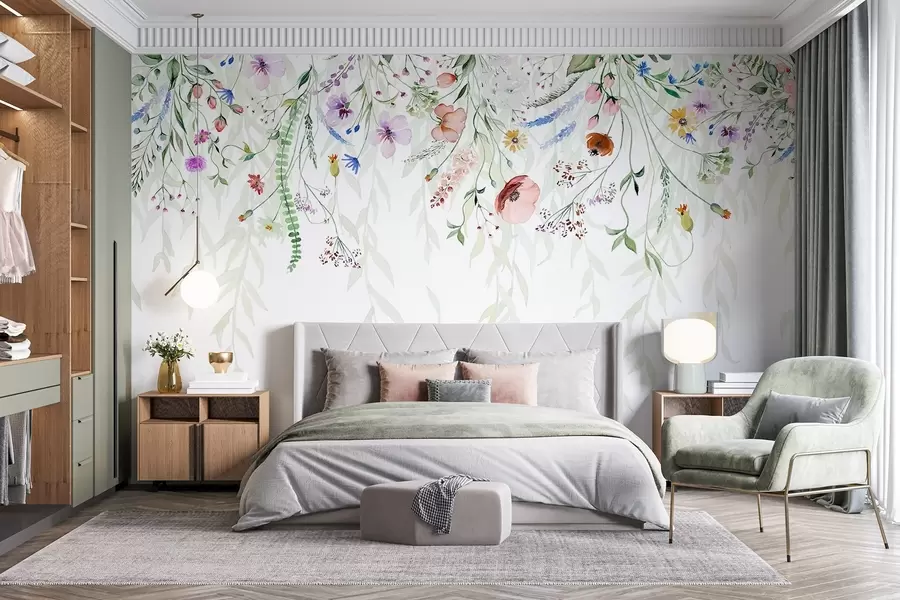 wall murals A colorful floral print cascading down with various flowers, leaves, and plants in a watercolor style   w08646