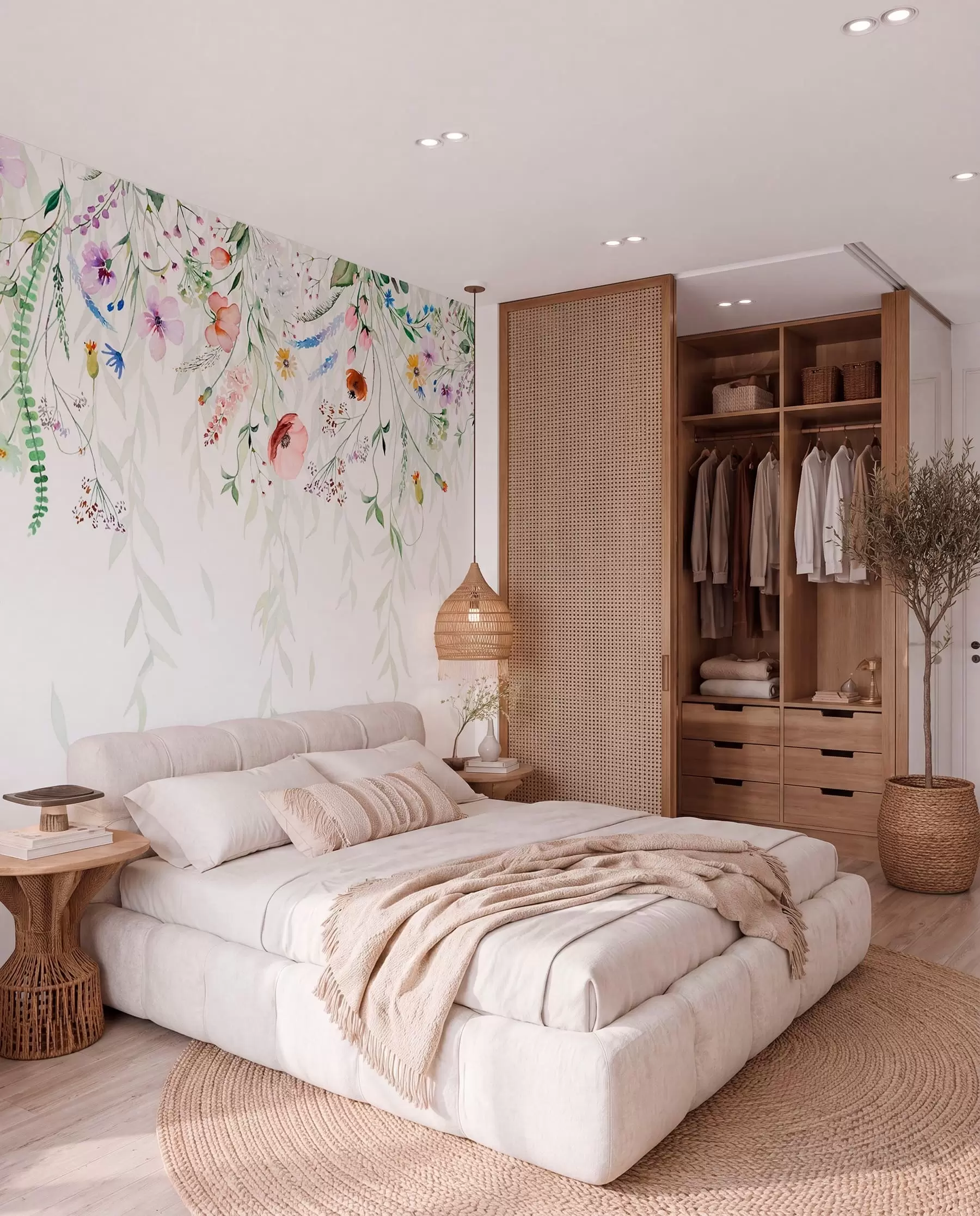 wall murals A colorful floral print cascading down with various flowers, leaves, and plants in a watercolor style   w08646