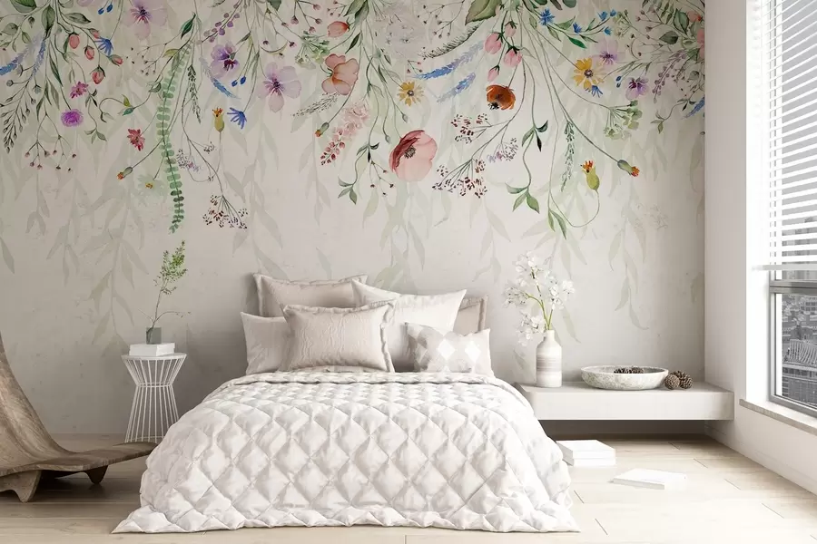 wall murals A colorful floral print cascading down with various flowers, leaves, and plants in a watercolor style   w08646