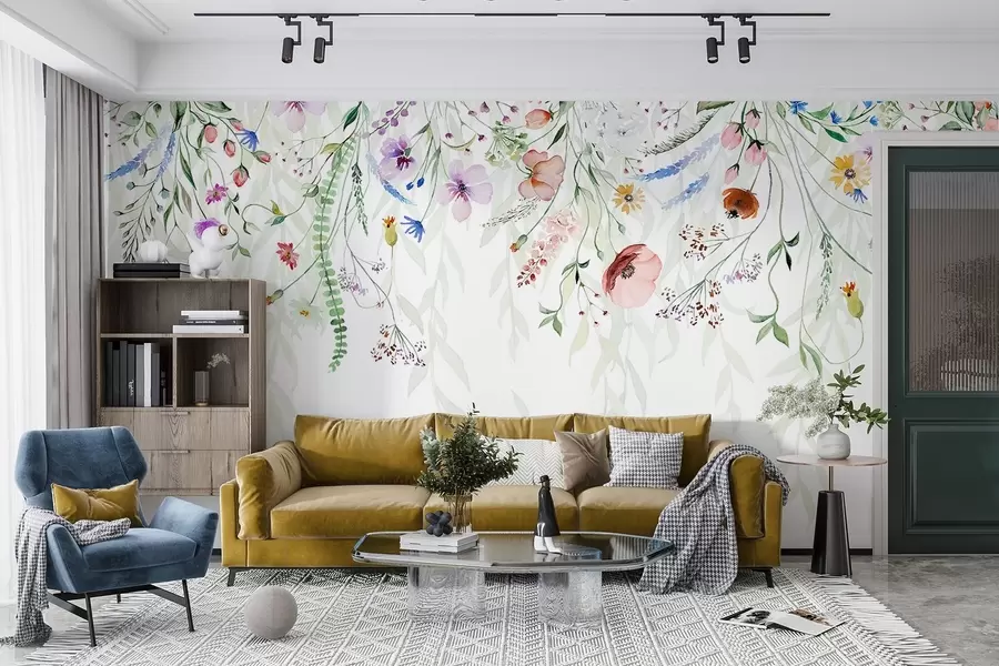 wall murals A colorful floral print cascading down with various flowers, leaves, and plants in a watercolor style   w08646