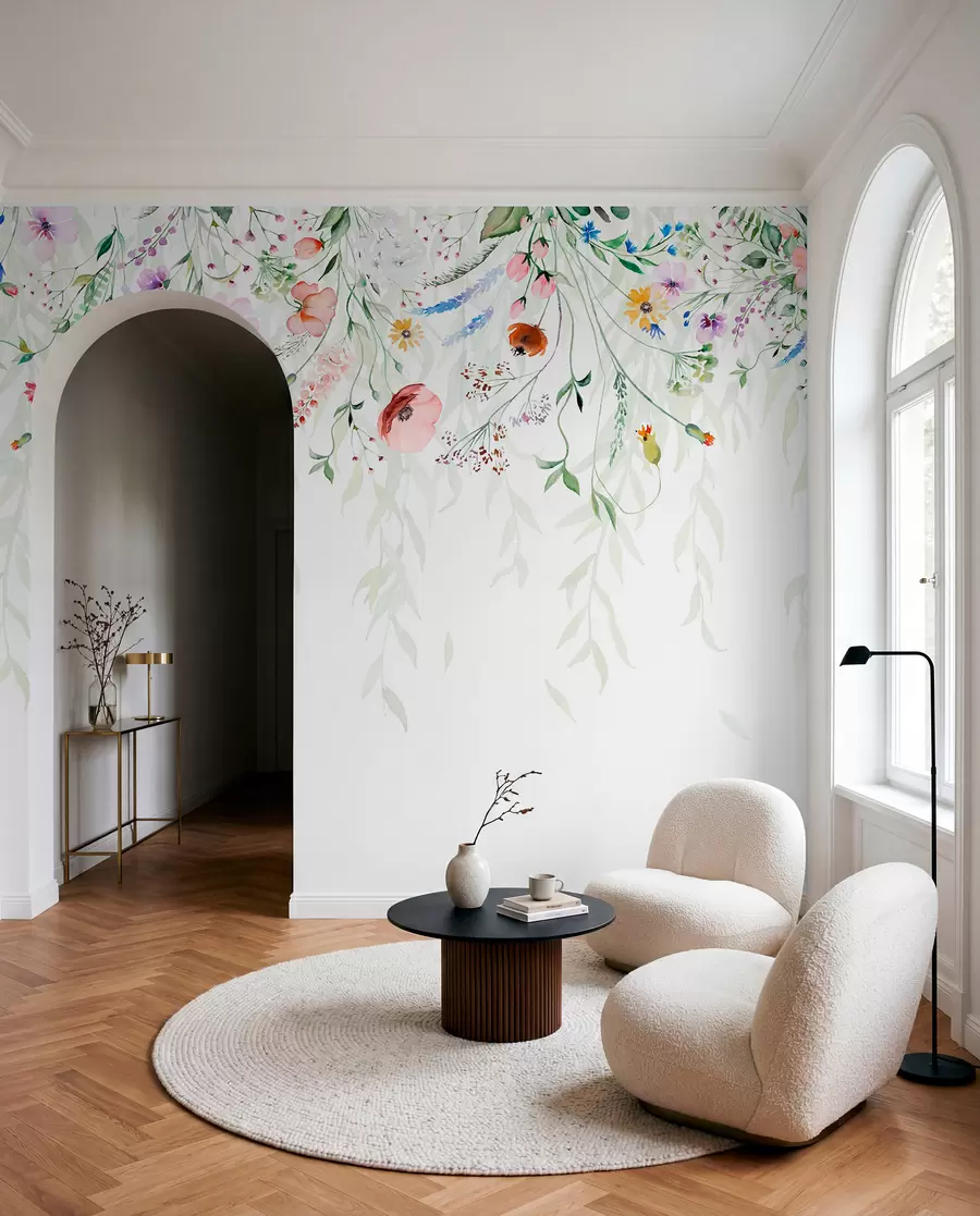 wall murals A colorful floral print cascading down with various flowers, leaves, and plants in a watercolor style   w08646