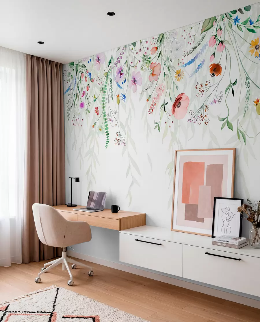 wall murals A colorful floral print cascading down with various flowers, leaves, and plants in a watercolor style   w08646