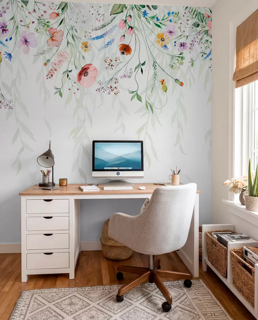 wall murals A colorful floral print cascading down with various flowers, leaves, and plants in a watercolor style   w08646