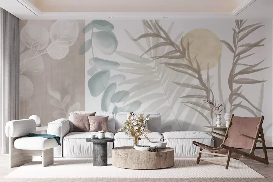 wall murals A minimalist abstract print with stylized leaves and eucaliptus with soft, beige organic shapes in muted pastel colors w08648