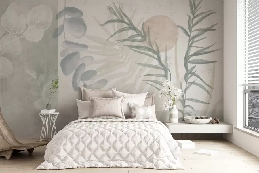 wall murals A minimalist abstract print with stylized leaves and eucaliptus with soft, blue organic shapes in muted pastel colors w08648v1