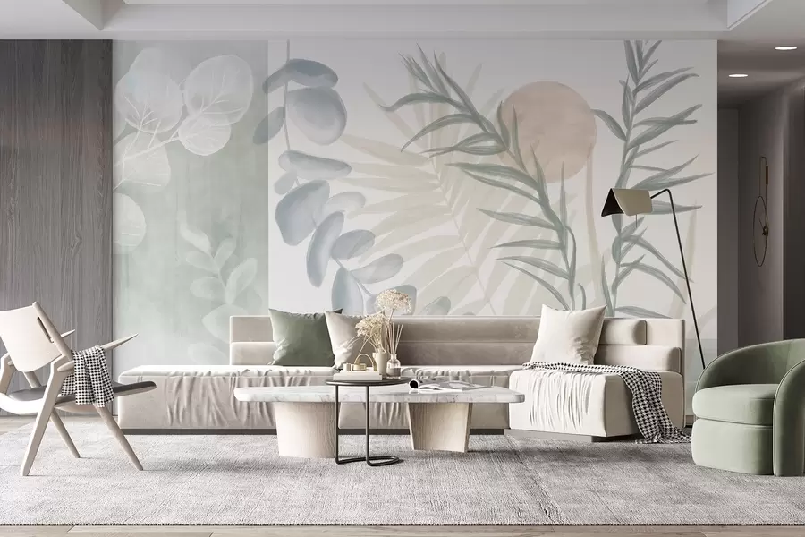 wall murals A minimalist abstract print with stylized leaves and eucaliptus with soft, blue organic shapes in muted pastel colors w08648v1