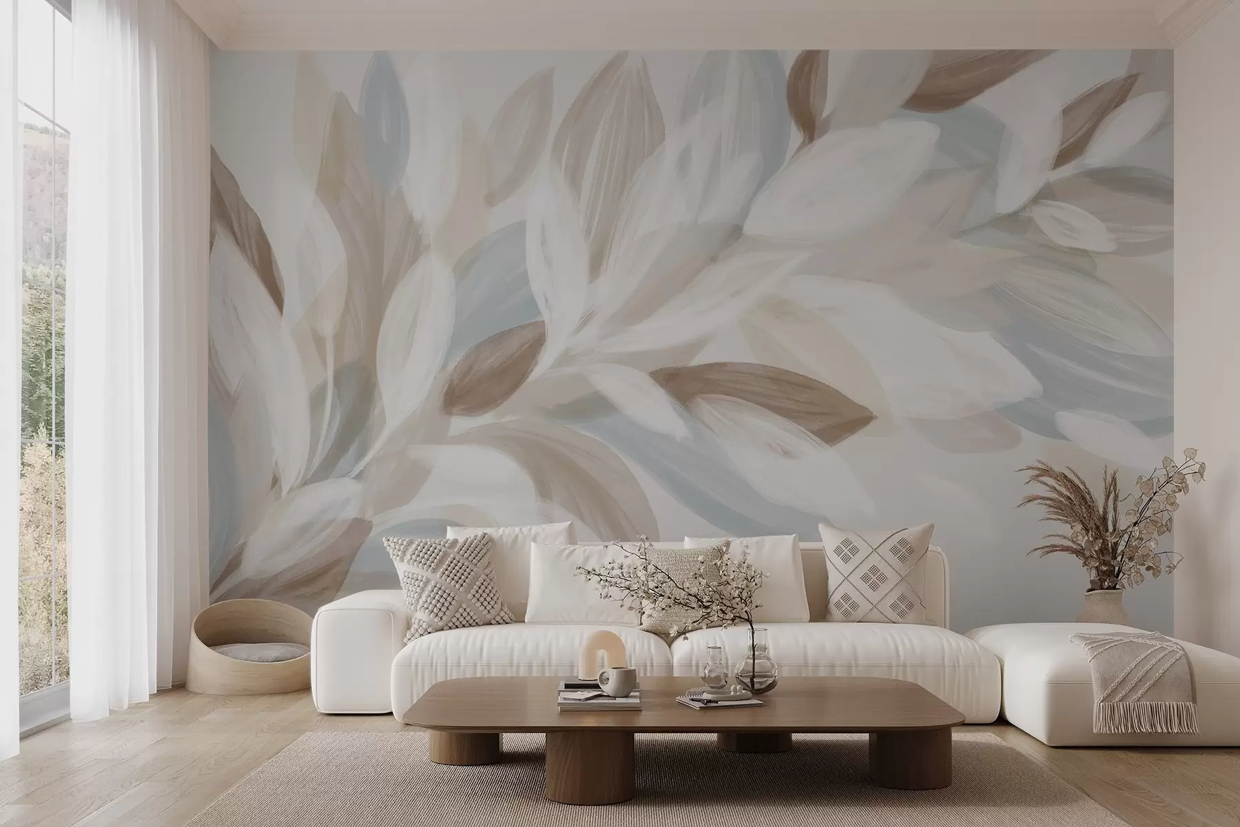 wall murals Soft, pastel-colored leaves in shades of white, beige, and light blue, creating a delicate and ethereal composition w08649