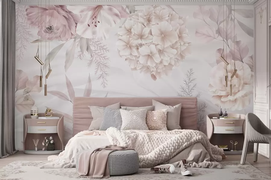 wall murals A soft, abstract floral print with large pink and white flowers, delicate leaves, and a muted, pastel color palette w08651