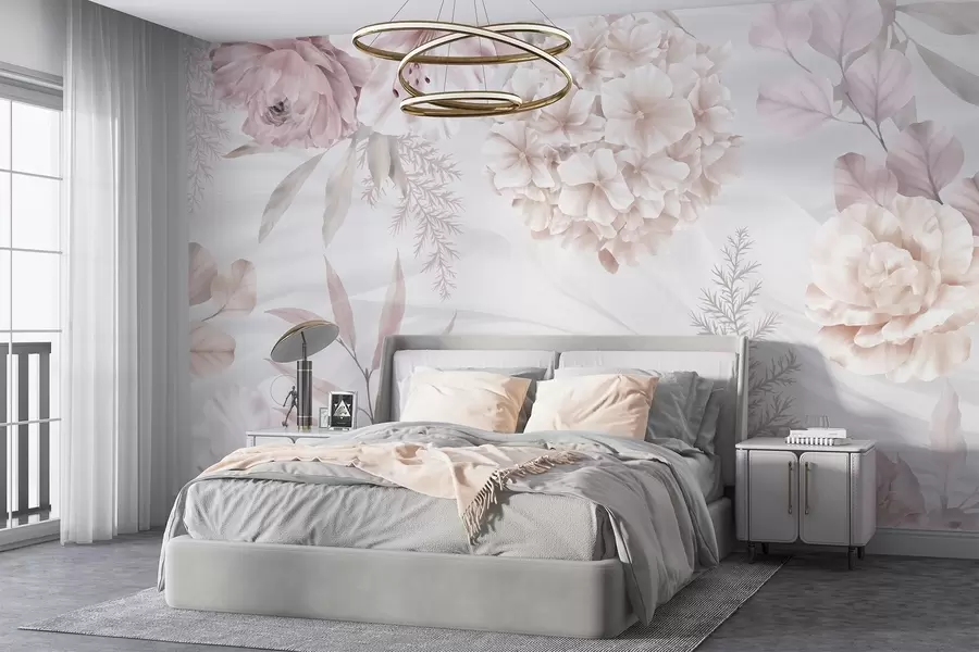 wall murals A soft, abstract floral print with large pink and white flowers, delicate leaves, and a muted, pastel color palette w08651