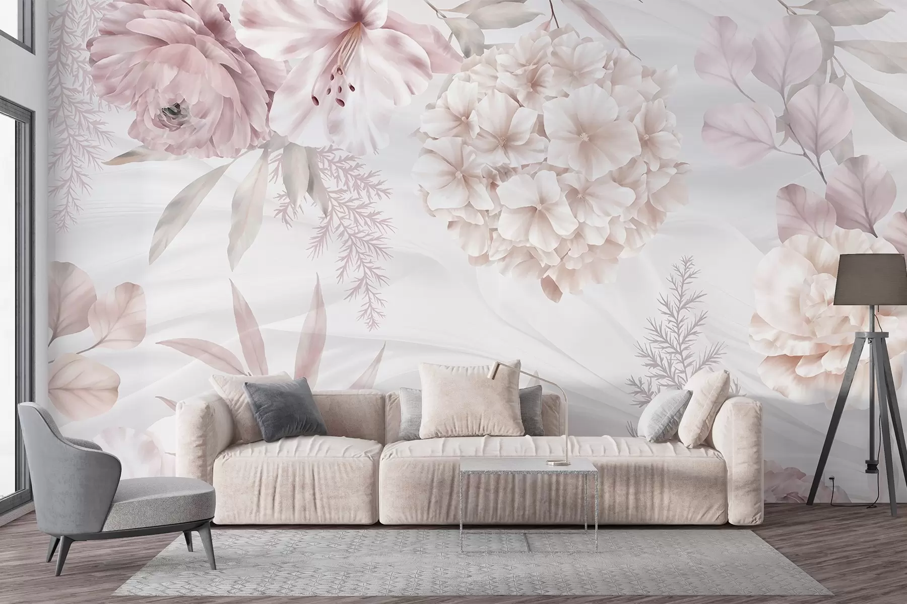 wall murals A soft, abstract floral print with large pink and white flowers, delicate leaves, and a muted, pastel color palette w08651