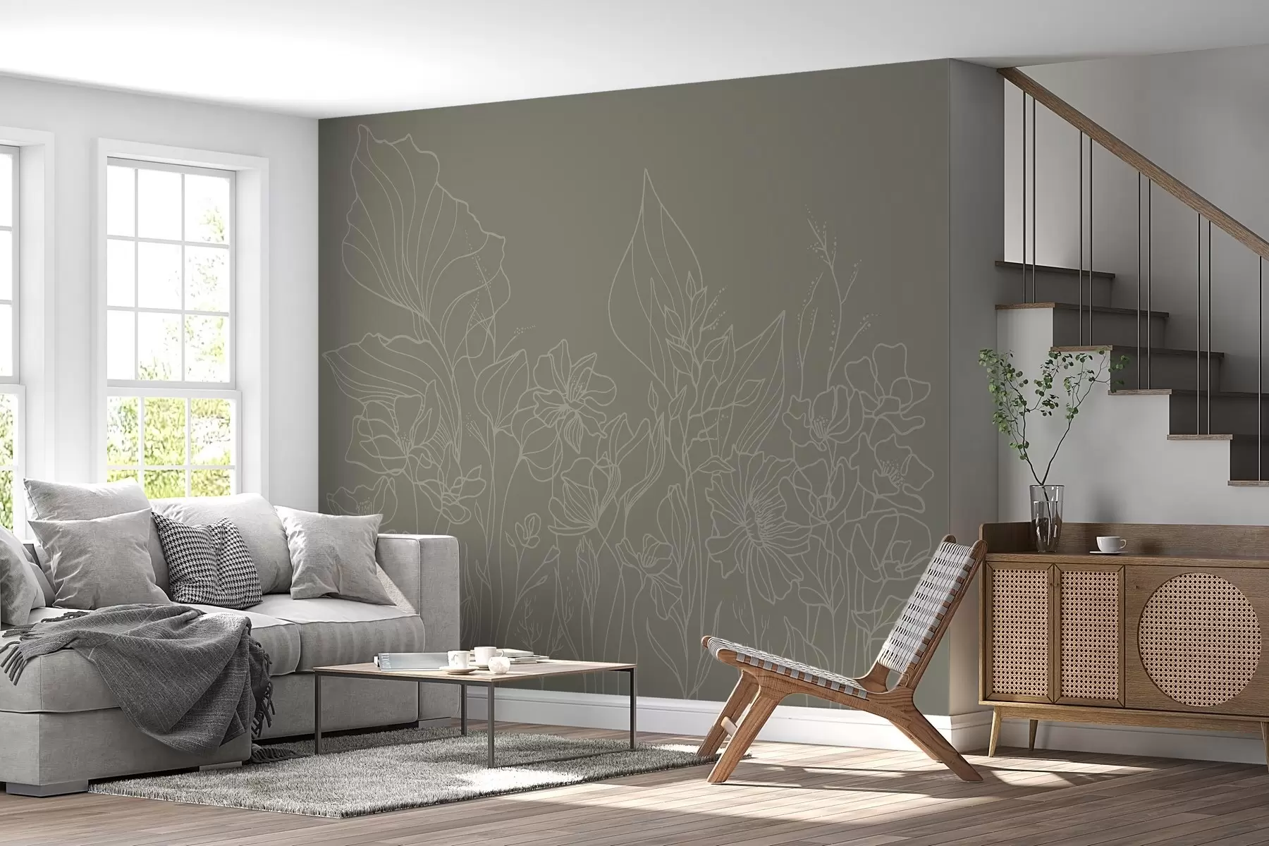 wall murals Elegant floral line art on a green background w02773v3