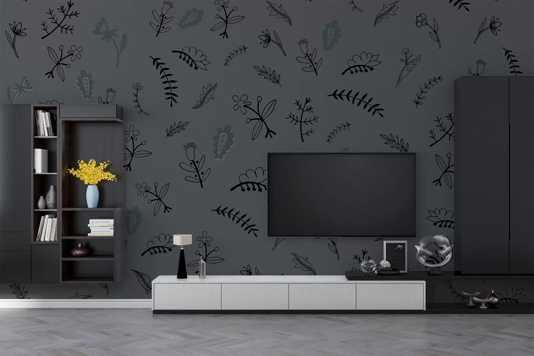 wall murals Dark Floral Pattern with Subtle Highlights w02776v3