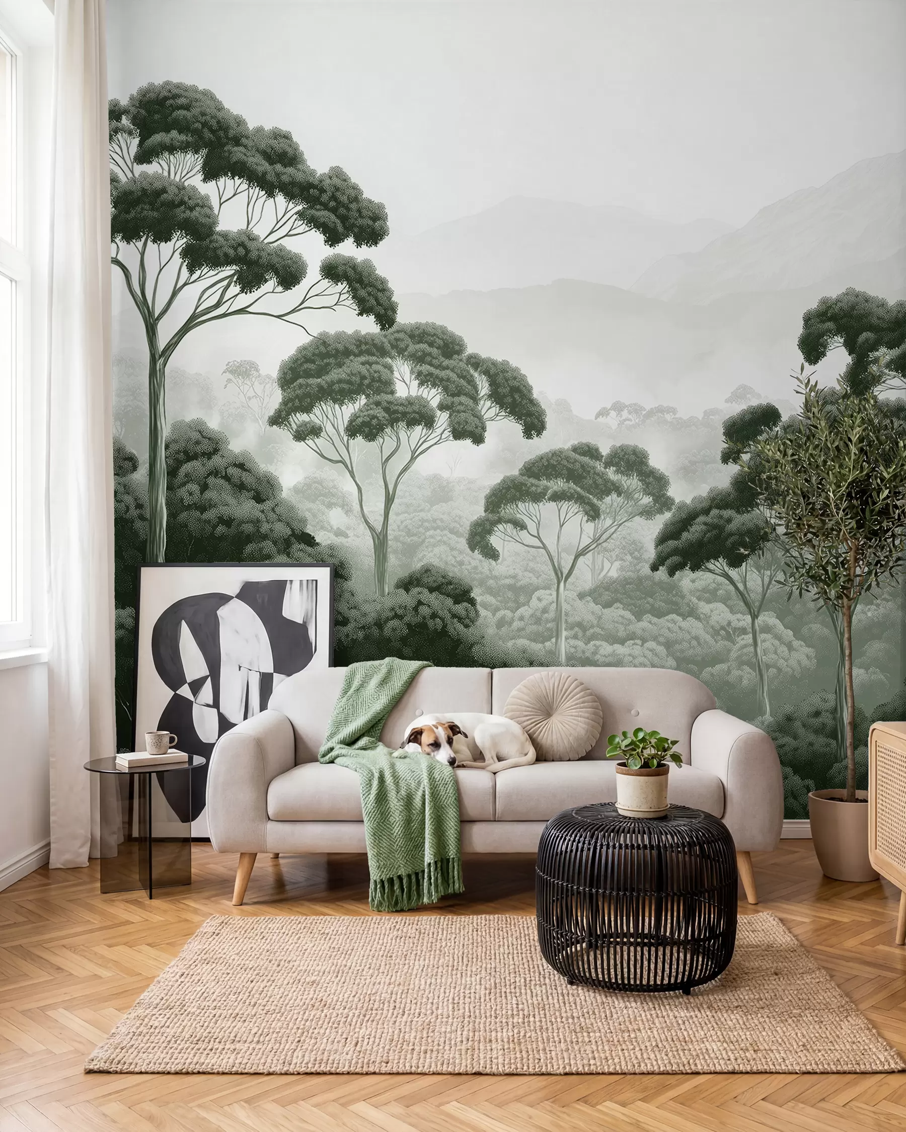 wall murals Jungle forest, mountains, tropical, nature, big trees, dark green colors w02739v1