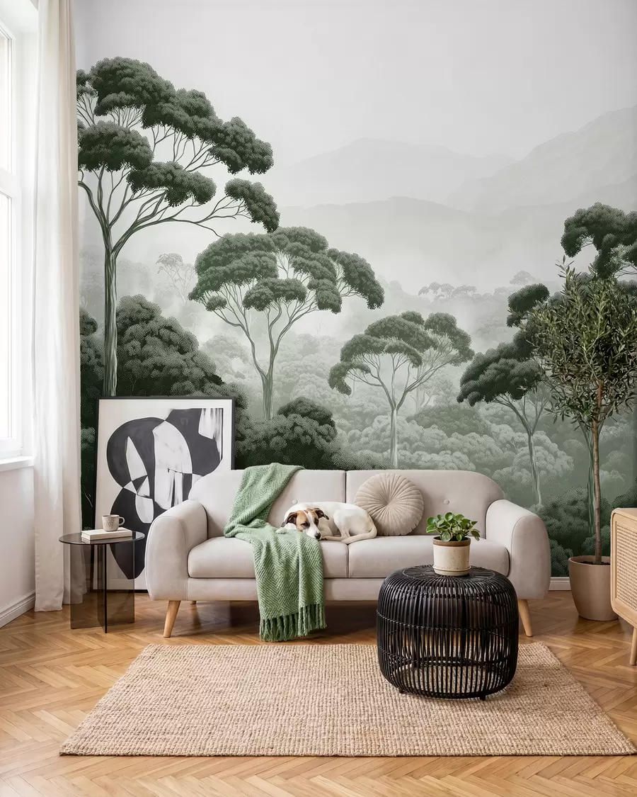 wall murals Jungle forest, mountains, tropical, nature, big trees, dark green colors w02739v1