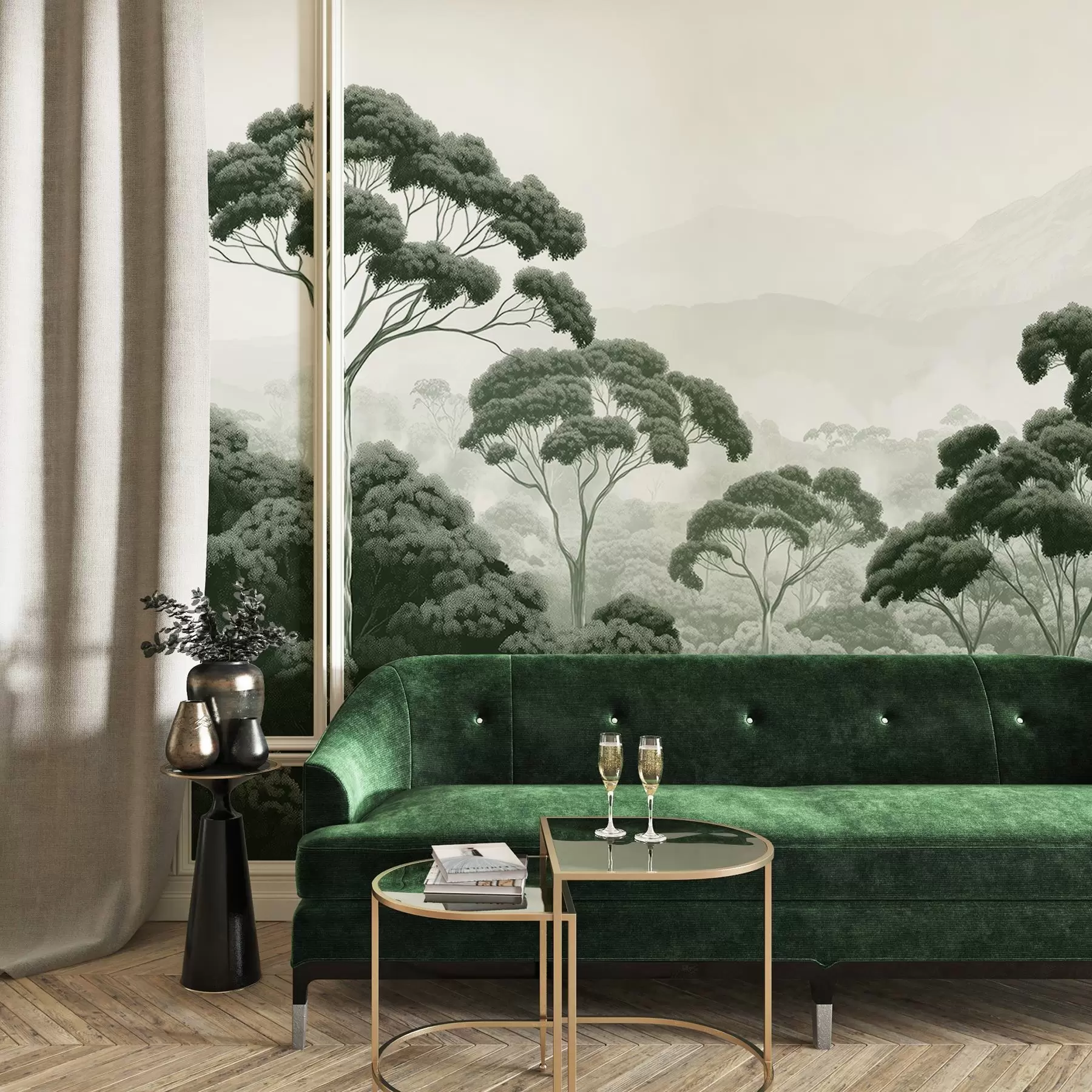 wall murals Jungle forest, mountains, tropical, nature, big trees, dark green colors w02739v1