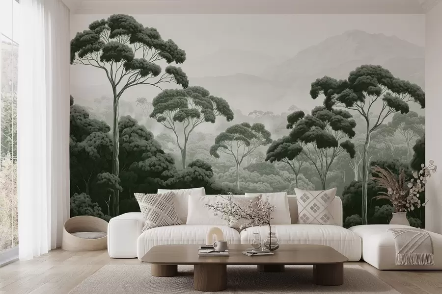 wall murals Jungle forest, mountains, tropical, nature, big trees, dark green colors w02739v1