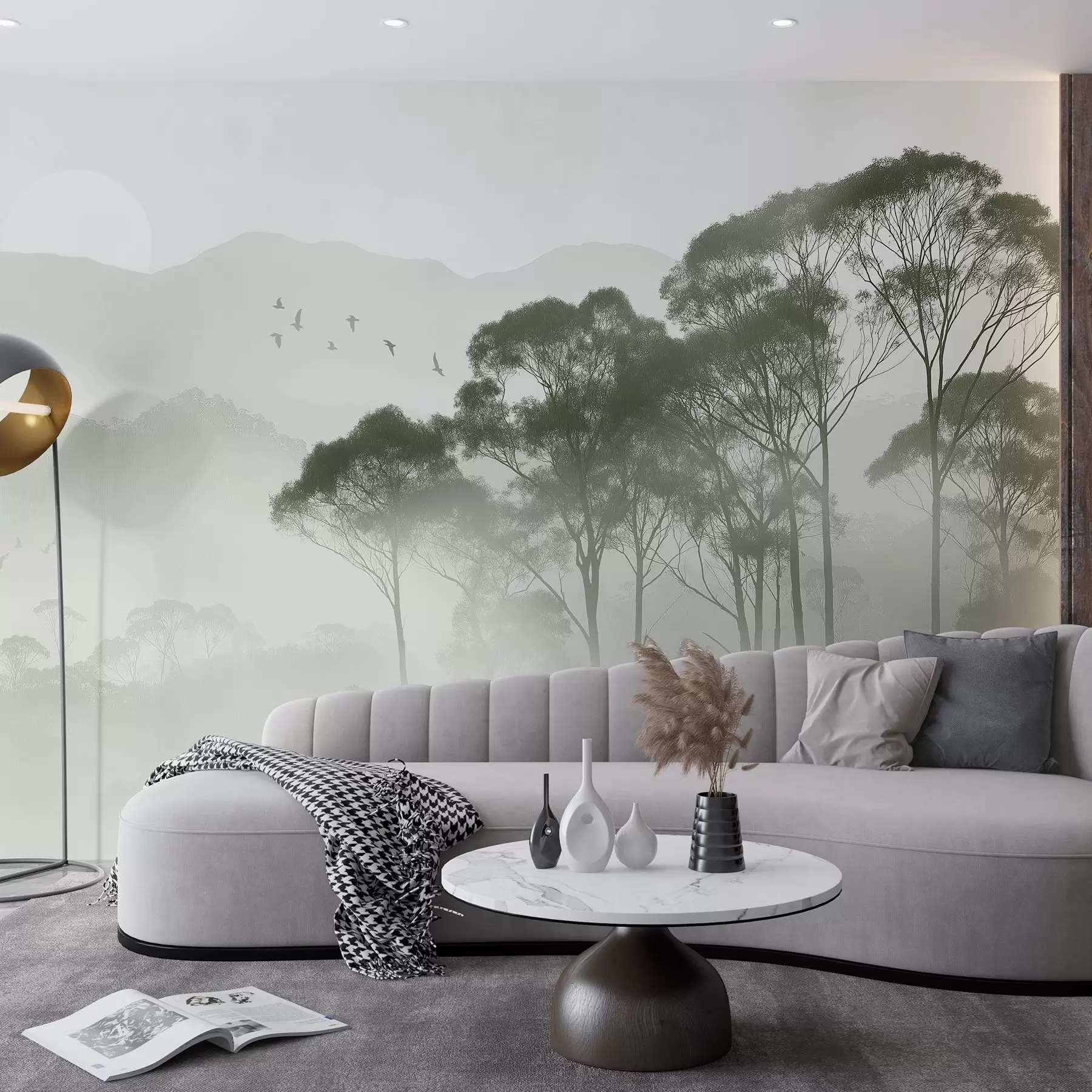 wall murals Trees in the fog, nature landscapes, birds, sun, green colors w02740