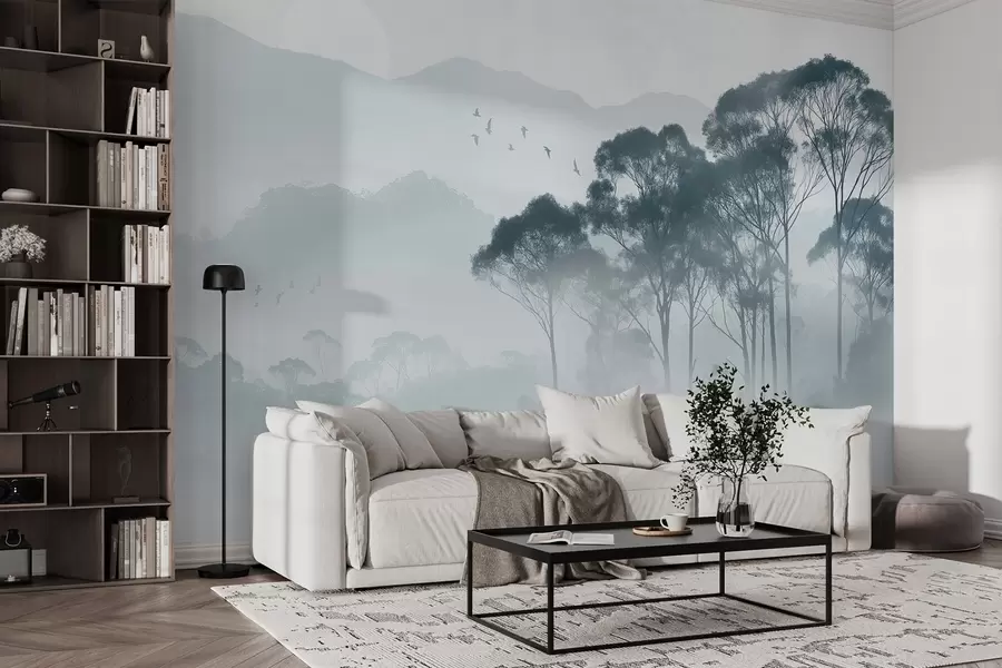wall murals Trees in the fog, nature landscapes, birds, sun, blue colors w02740v1