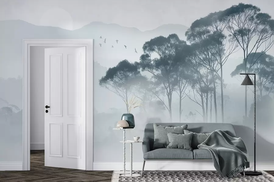 wall murals Trees in the fog, nature landscapes, birds, sun, blue colors w02740v1