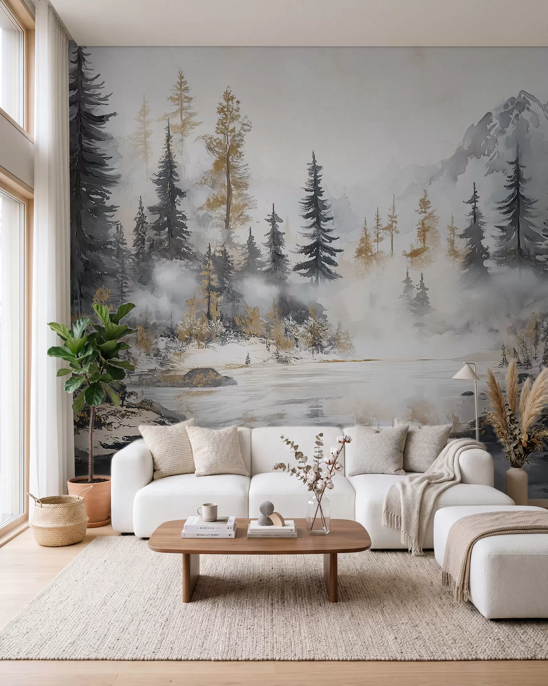 wall murals Winter landscape with lake and forest, mountains, pastel style darwing w02741