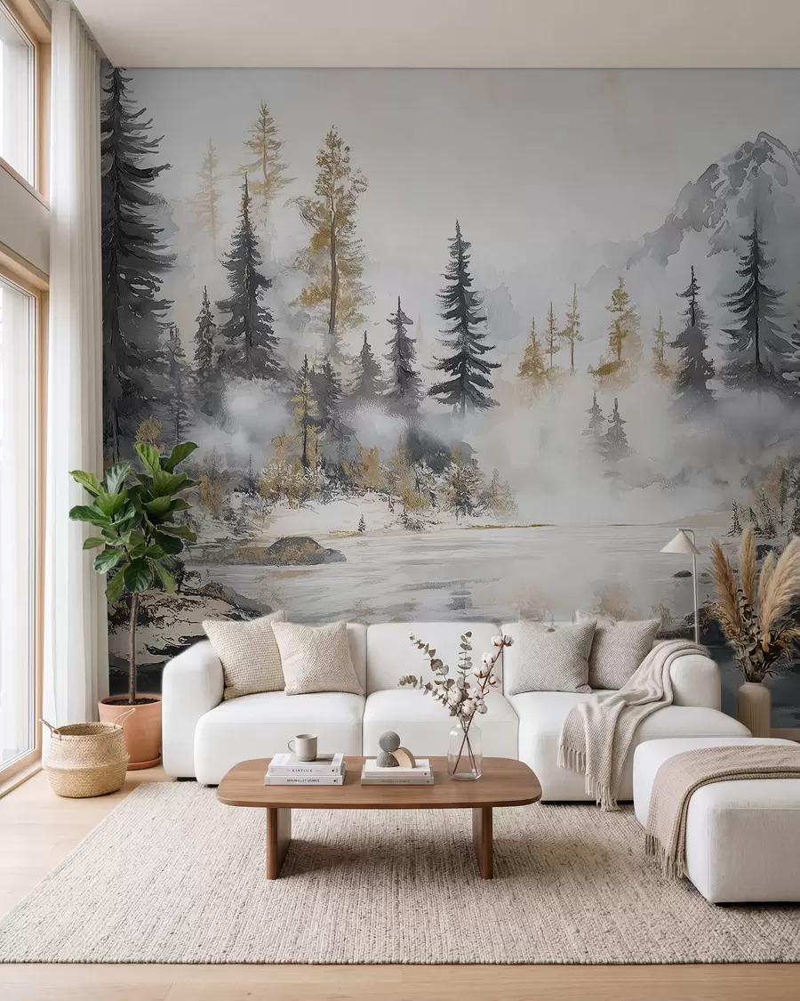 wall murals Winter landscape with lake and forest, mountains, pastel style darwing w02741