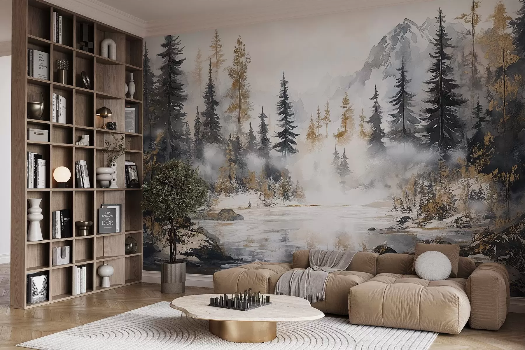 wall murals Winter landscape with lake and forest, mountains, pastel style darwing w02741