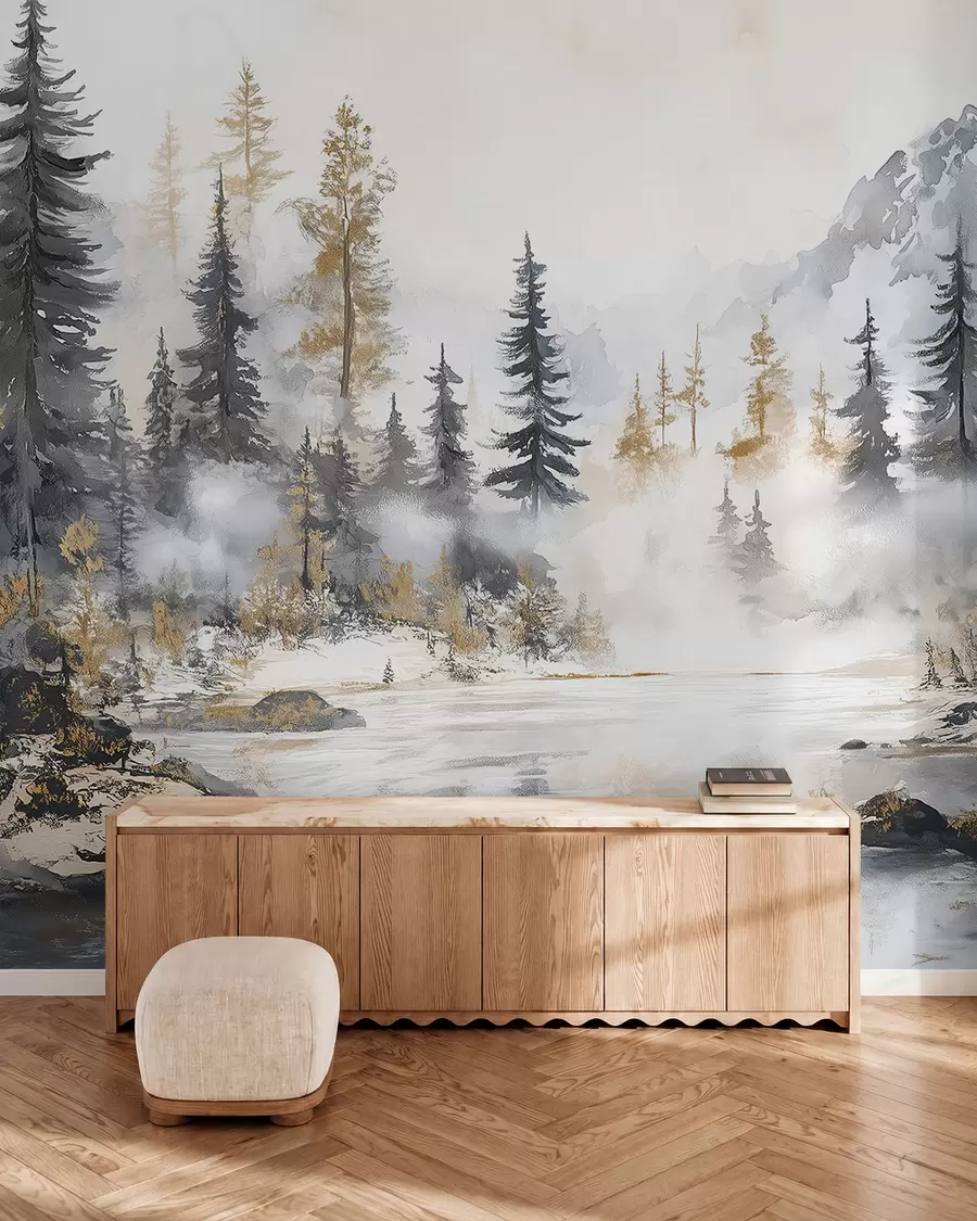 wall murals Winter landscape with lake and forest, mountains, pastel style darwing w02741