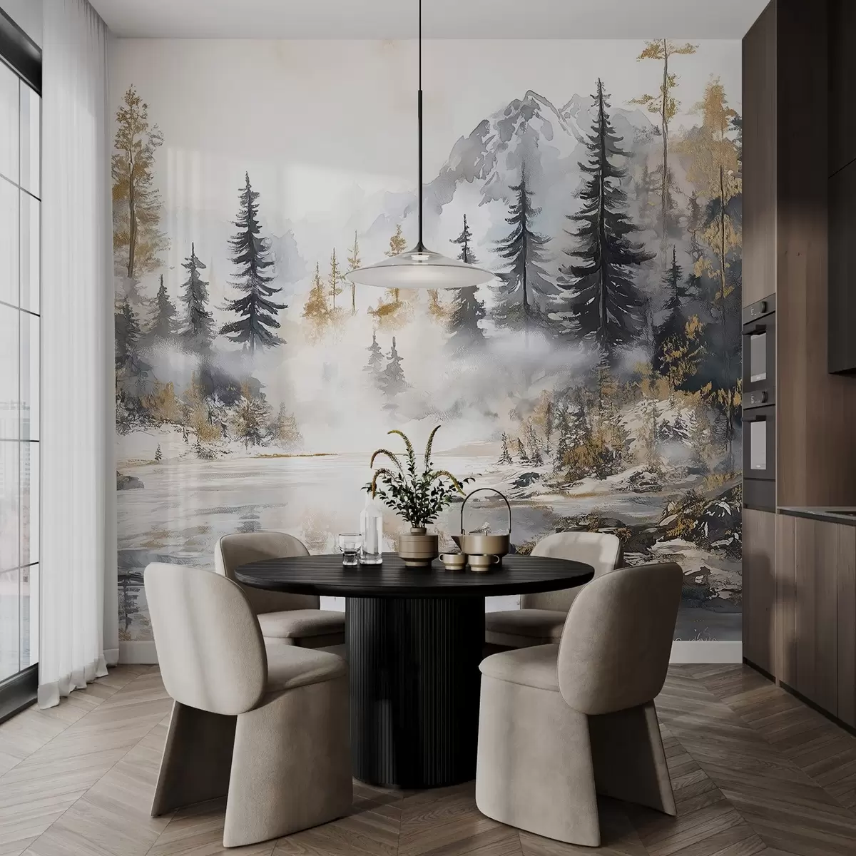 wall murals Winter landscape with lake and forest, mountains, pastel style darwing w02741