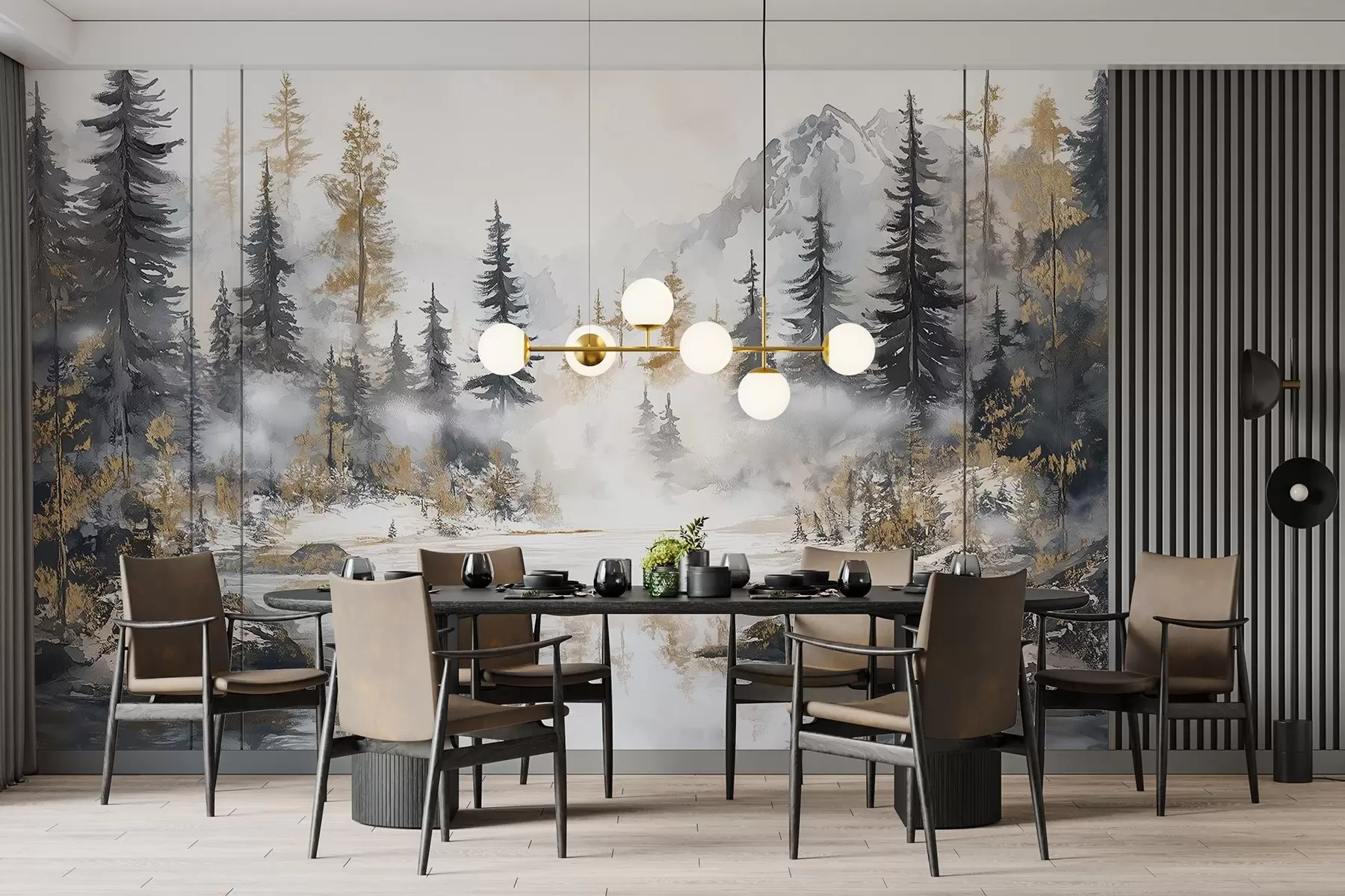 wall murals Winter landscape with lake and forest, mountains, pastel style darwing w02741