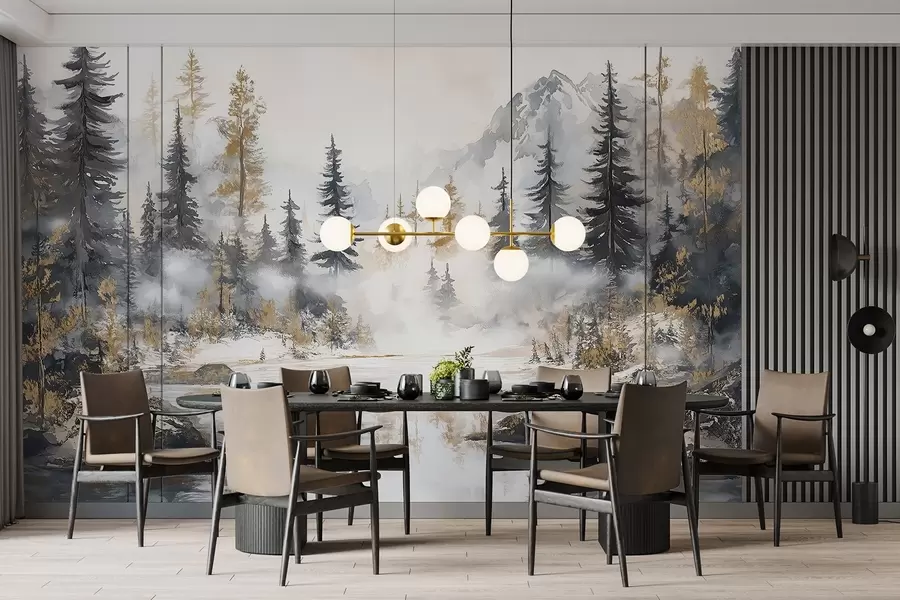 wall murals Winter landscape with lake and forest, mountains, pastel style darwing w02741