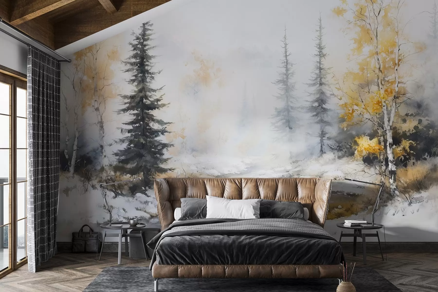 wall murals Winter forest, birch trees, pine trees, river, mist, pastel colors w02742
