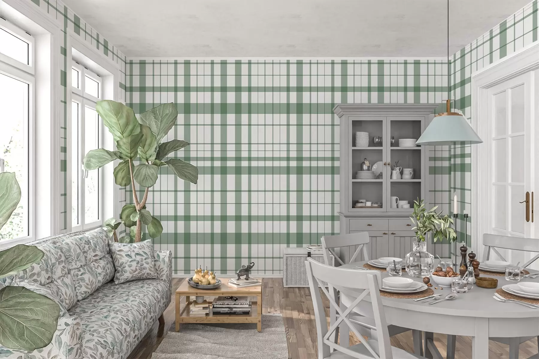 wall murals Minimalist checkered pattern with thin and green lines on a white background, geometric austerity w02852v3