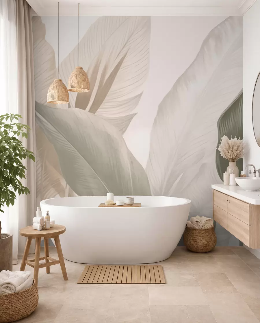 wall murals Tropical leaves in soft beige and green tones, with a watercolor effect and gentle color transitions w02854