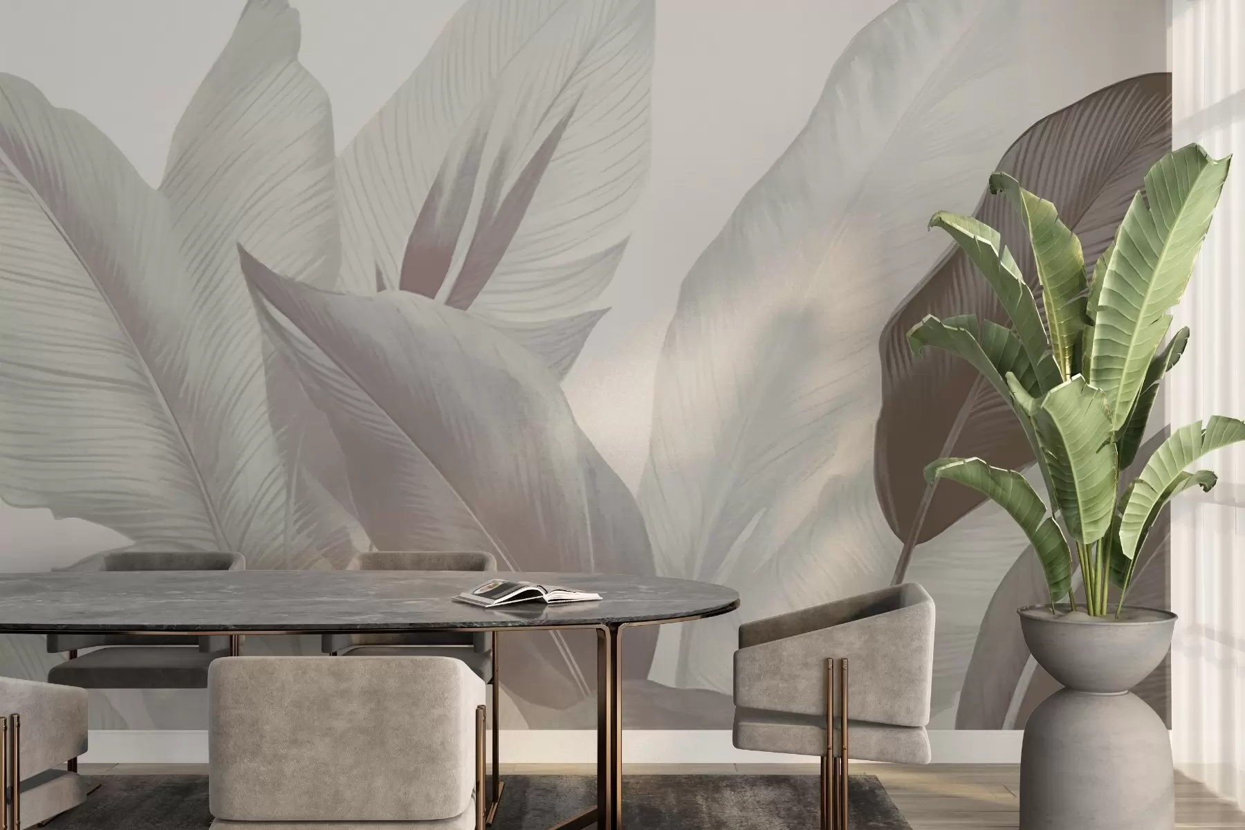 wall murals Tropical leaves in muted gray and brown tones, emphasizing texture and subtle transitions between light and shadow w02854v1