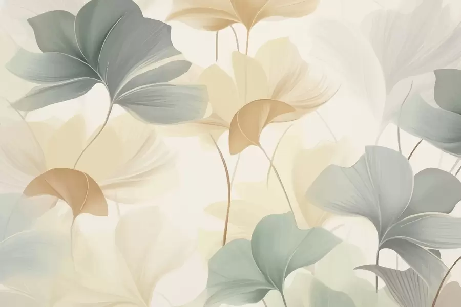 wall murals Pattern of ginkgo leaves in soft pastel tones, blending green, yellow, and cream hues to create a light and airy feel w02855