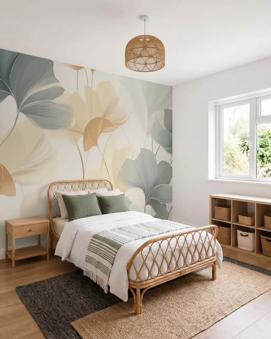 wall murals Pattern of ginkgo leaves in soft pastel tones, blending green, yellow, and cream hues to create a light and airy feel w02855