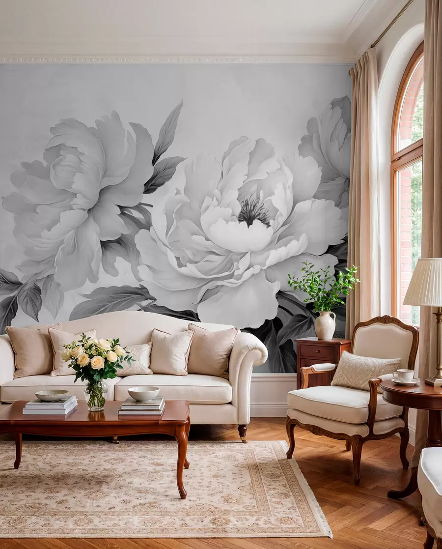 wall murals Luxurious peonies in shades of gray, with delicate details of petals and leaves, creating an elegant and serene atmosphere w02856