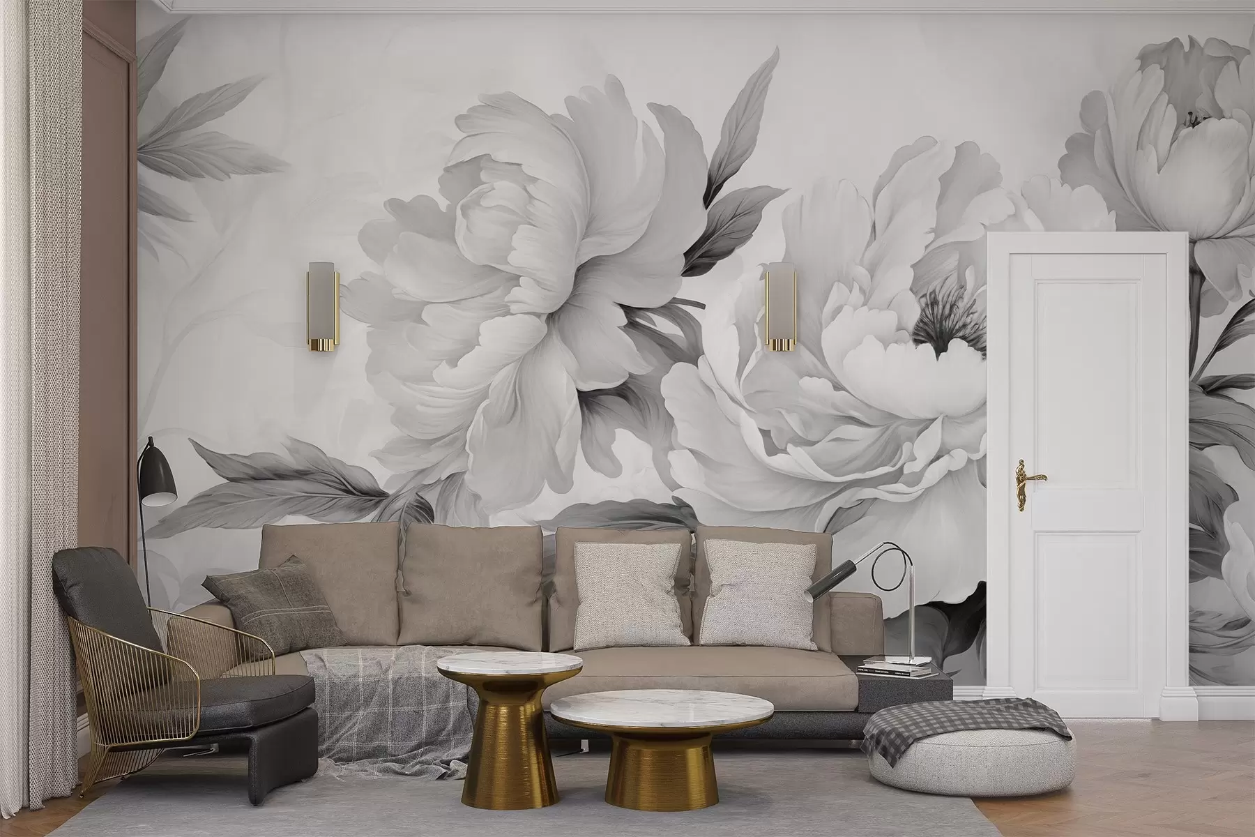 wall murals Luxurious peonies in shades of gray, with delicate details of petals and leaves, creating an elegant and serene atmosphere w02856