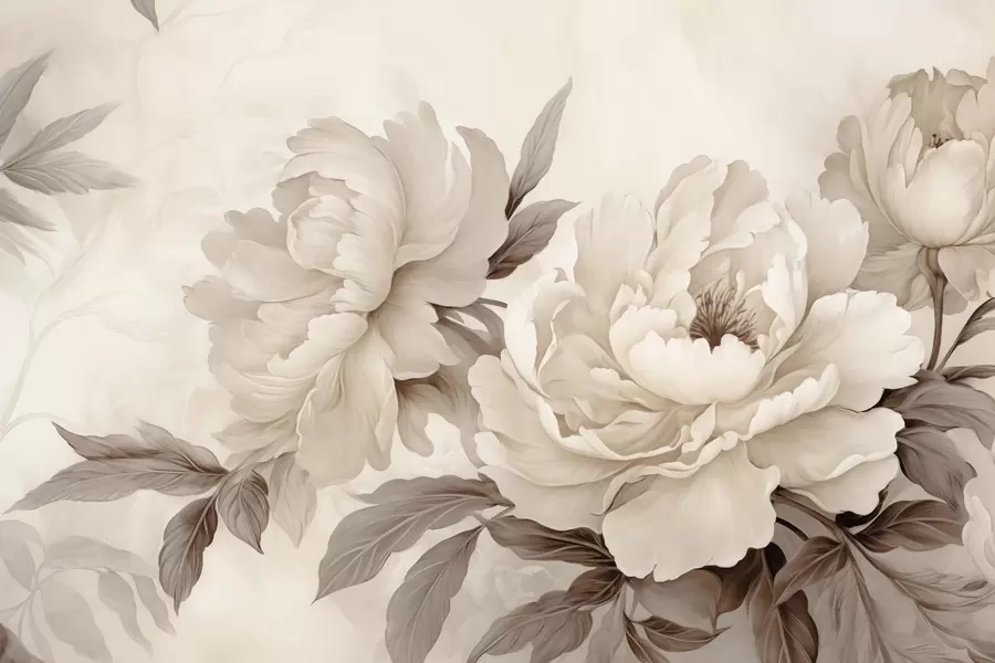 wall murals Delicate peonies in creamy beige tones, with refined details of petals and leaves, creating a warm and sophisticated ambiance w02856v1