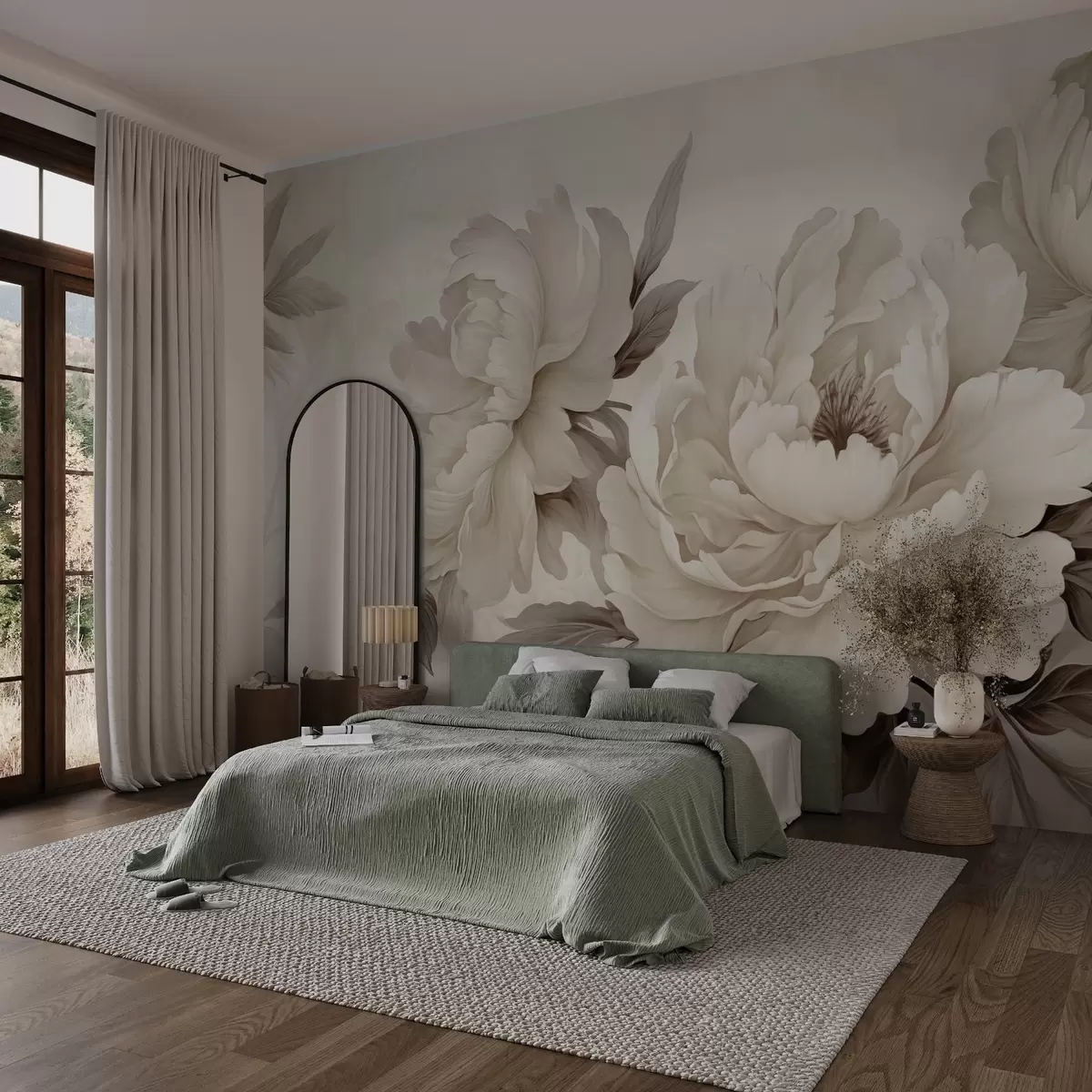 wall murals Delicate peonies in creamy beige tones, with refined details of petals and leaves, creating a warm and sophisticated ambiance w02856v1