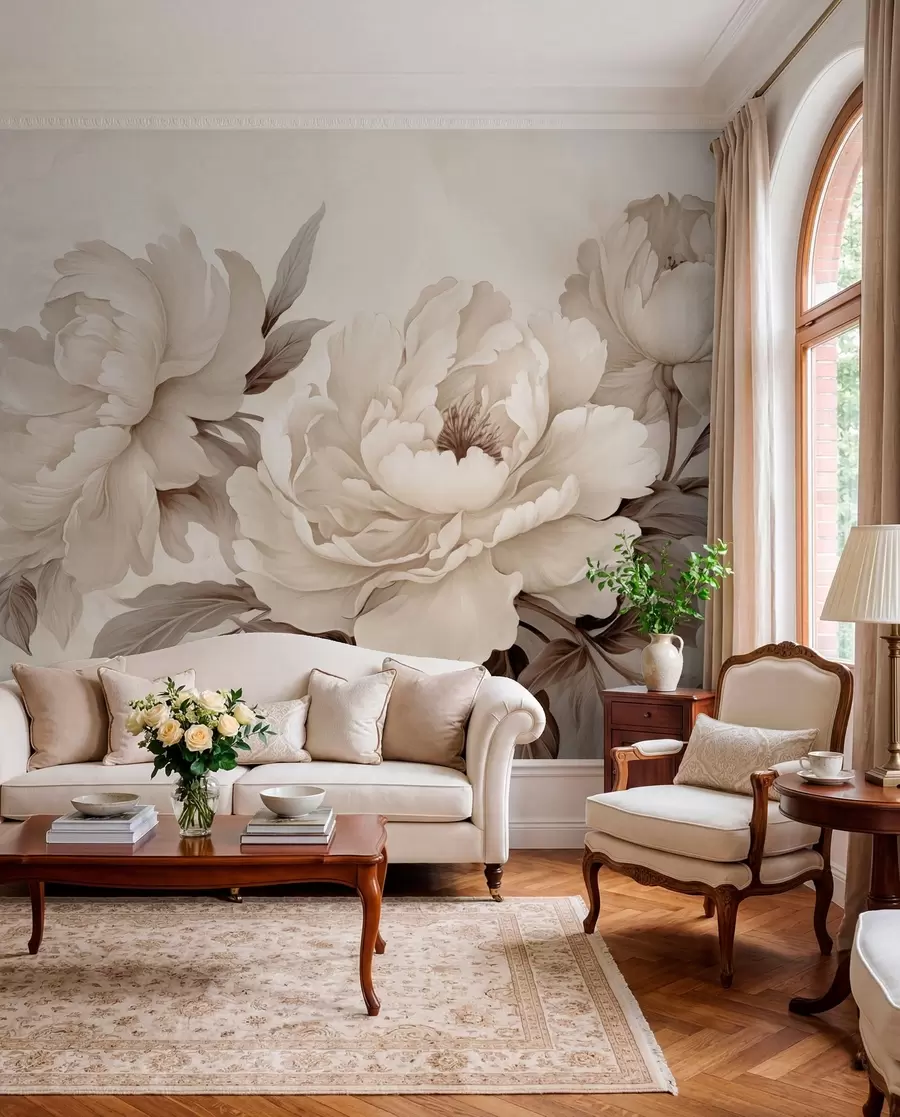 wall murals Delicate peonies in creamy beige tones, with refined details of petals and leaves, creating a warm and sophisticated ambiance w02856v1