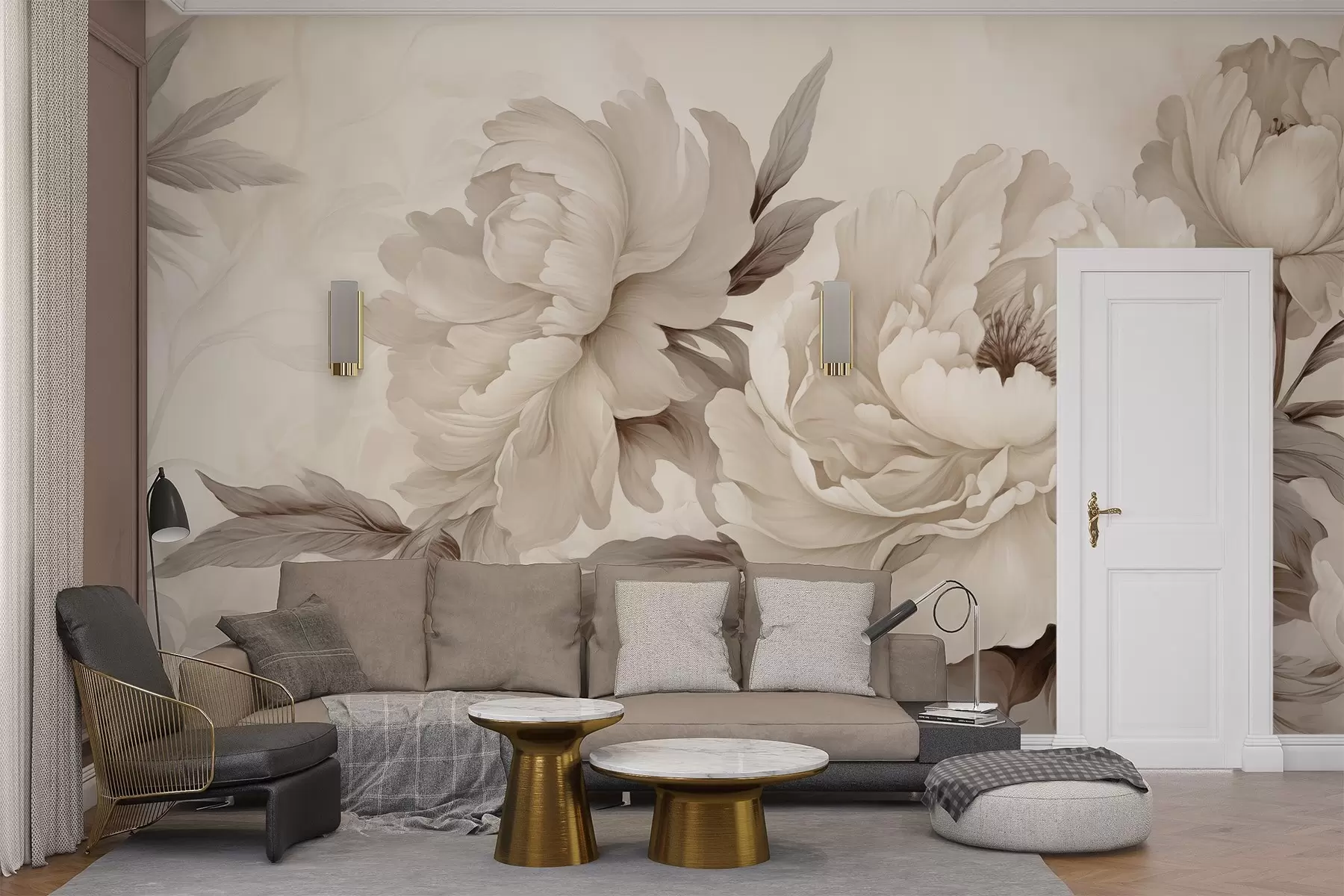 wall murals Delicate peonies in creamy beige tones, with refined details of petals and leaves, creating a warm and sophisticated ambiance w02856v1