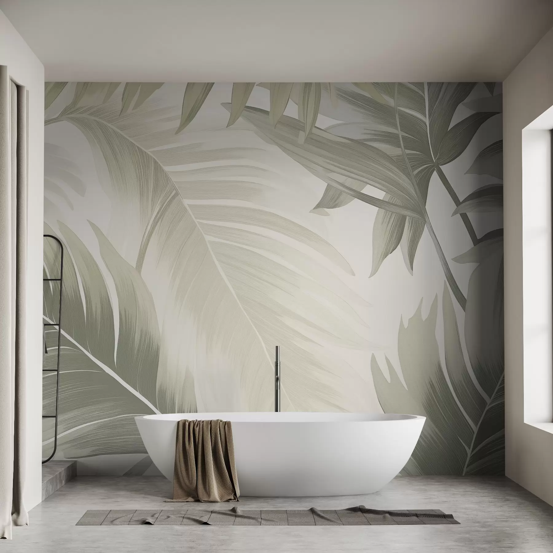 wall murals Pattern of large tropical leaves in soft green and beige hues, with smooth gradients and delicate texture details w02858