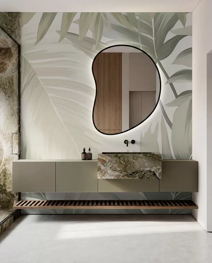 wall murals Pattern of large tropical leaves in soft green and beige hues, with smooth gradients and delicate texture details w02858