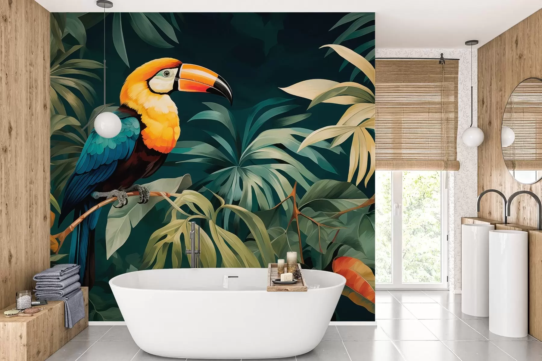 wall murals Tropical scenery with a vibrant toucan perched on a branch, surrounded by lush foliage with large leaves in deep green and yellow hues. w02781