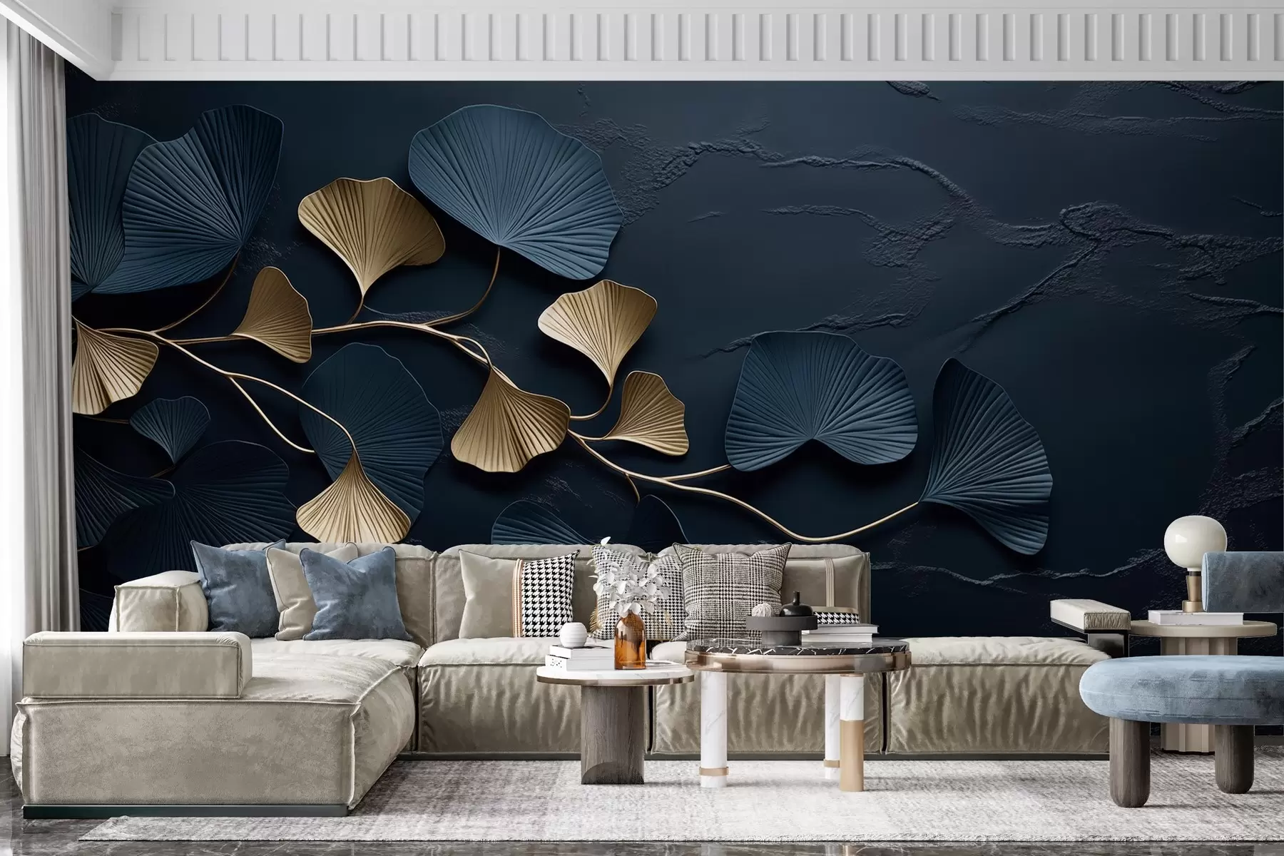 wall murals Volumetric branch with leaves on a concrete wall w02841