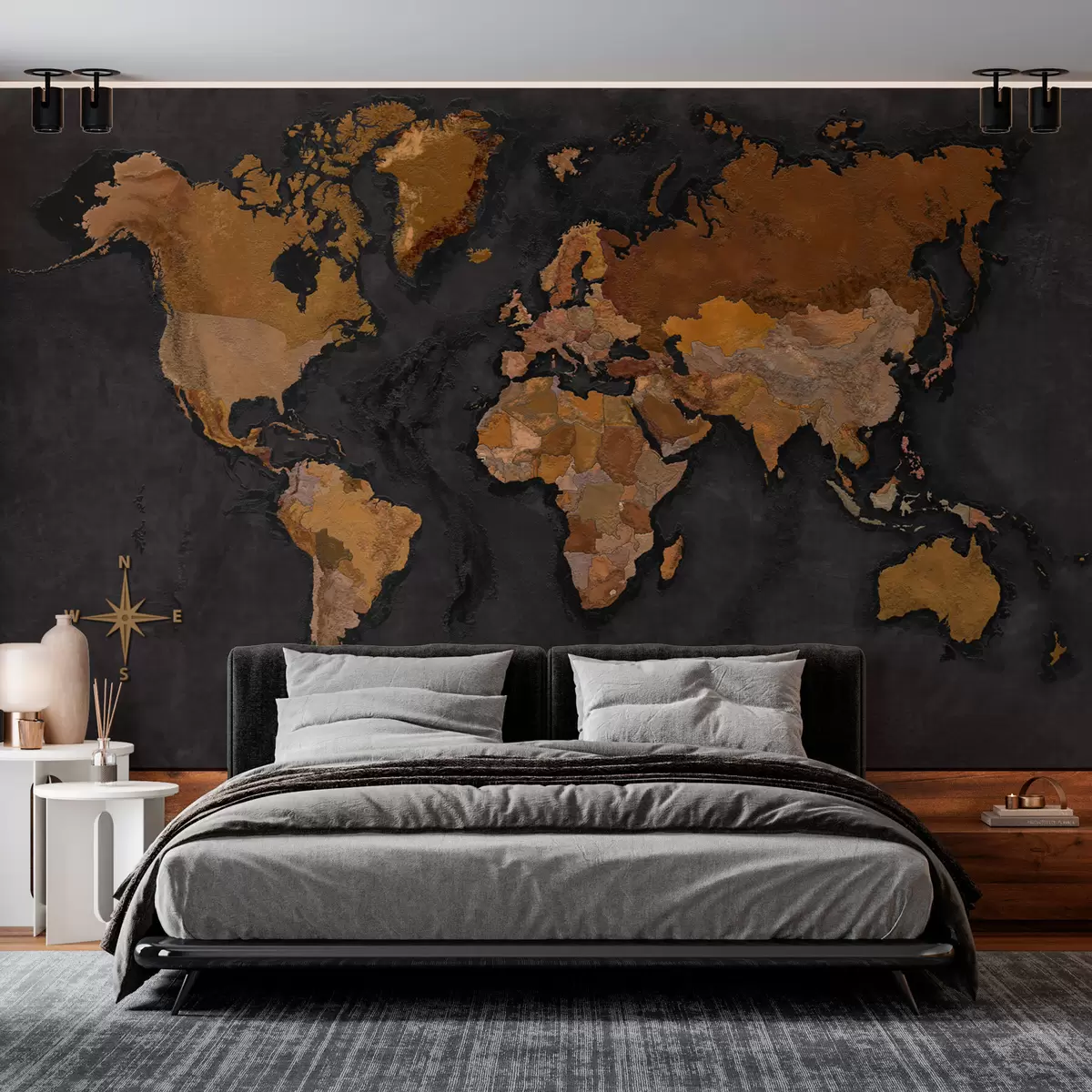 wall murals World map on the grunge wall with concrete effect w02552